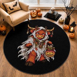Spooky Druid Highland Cow Ghost Costume Holding Turnip Lantern Halloween Graphic Round Rug