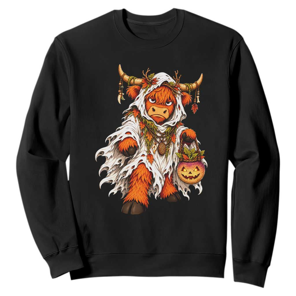 Spooky Druid Highland Cow Ghost Costume Holding Turnip Lantern Halloween Graphic Sweatshirt