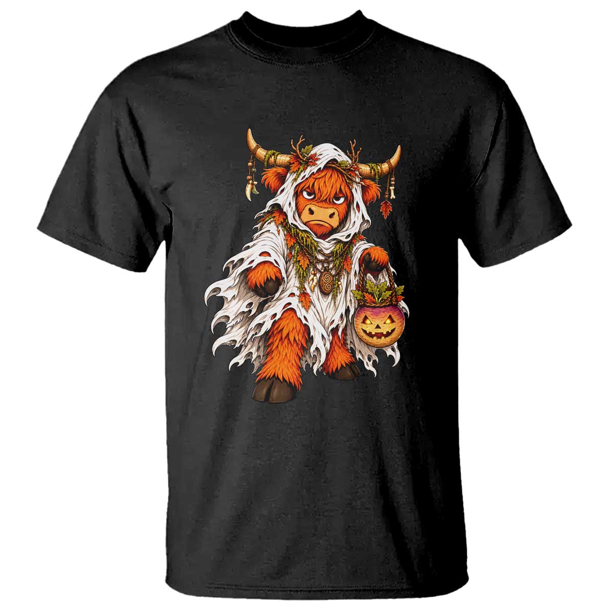 Spooky Druid Highland Cow Ghost Costume Holding Turnip Lantern Halloween Graphic T Shirt