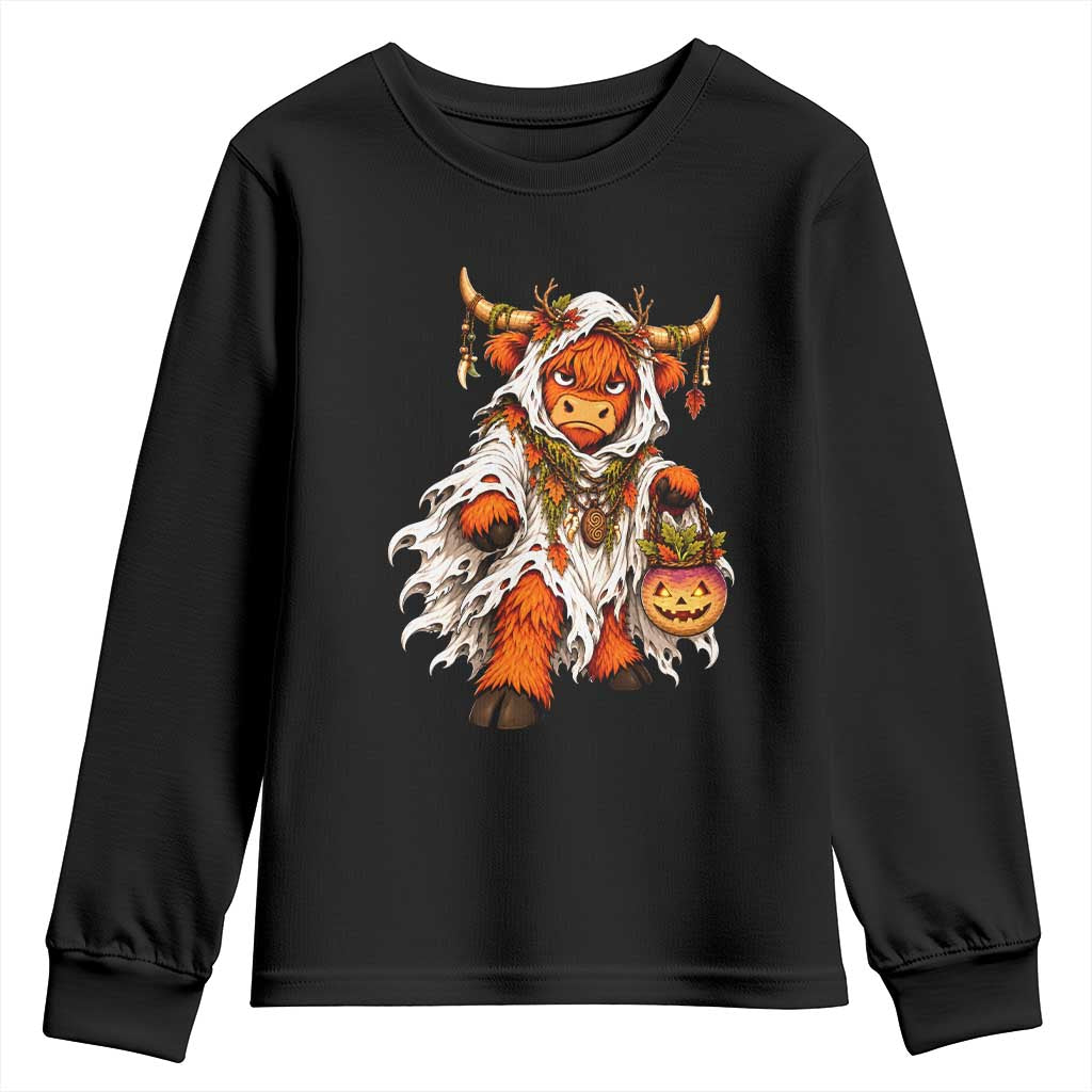 Spooky Druid Highland Cow Ghost Costume Holding Turnip Lantern Halloween Graphic Youth Sweatshirt