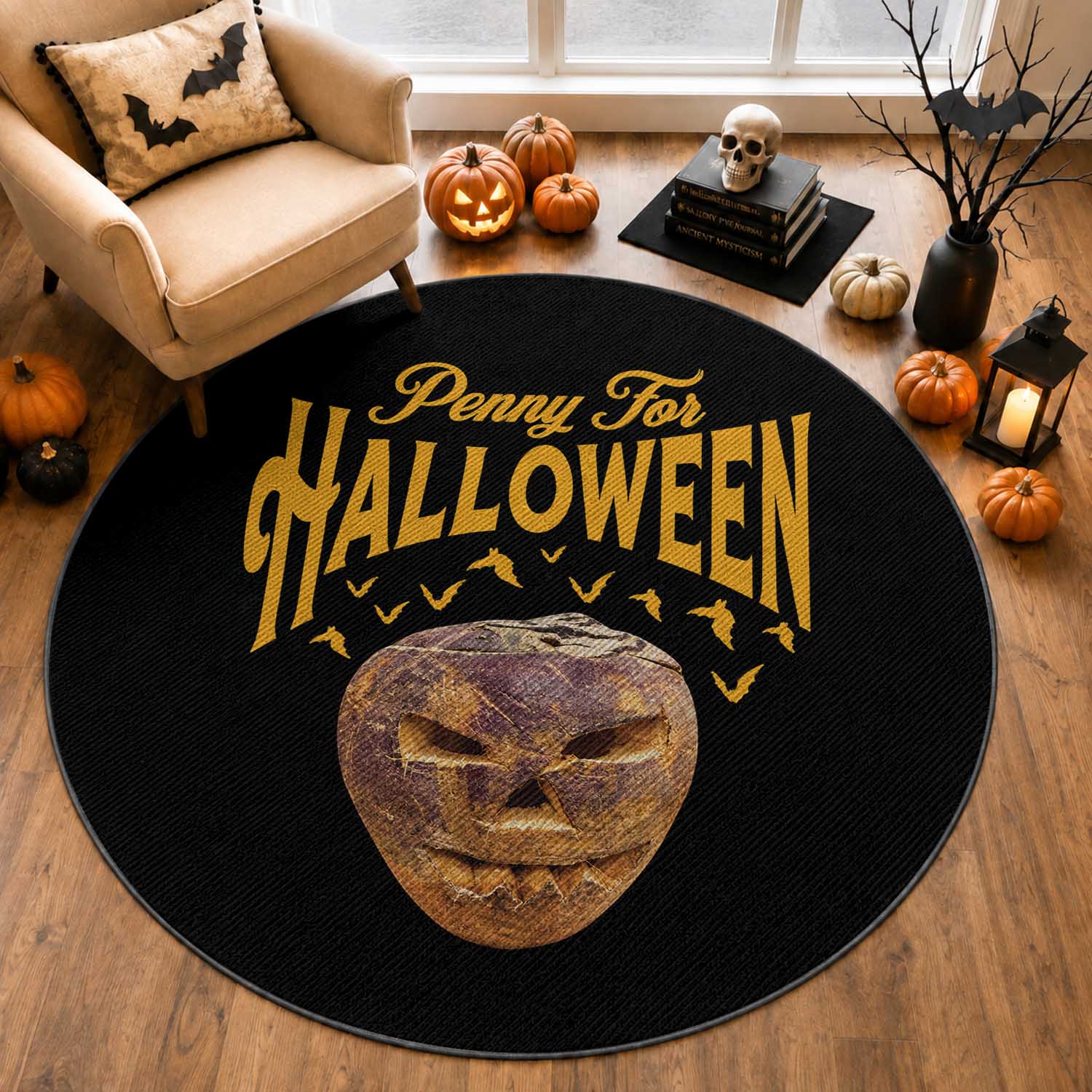 Penny For Halloween Vintage Turnip Lantern Round Rug Traditional Irish Celtic Spooky Graphic