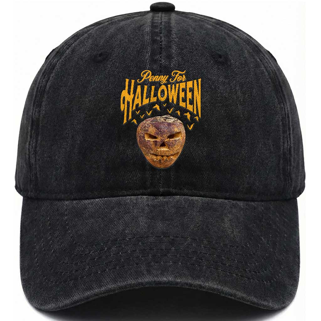 Penny For Halloween Vintage Turnip Lantern Washed Cotton Baseball Cap Traditional Irish Celtic Spooky Graphic