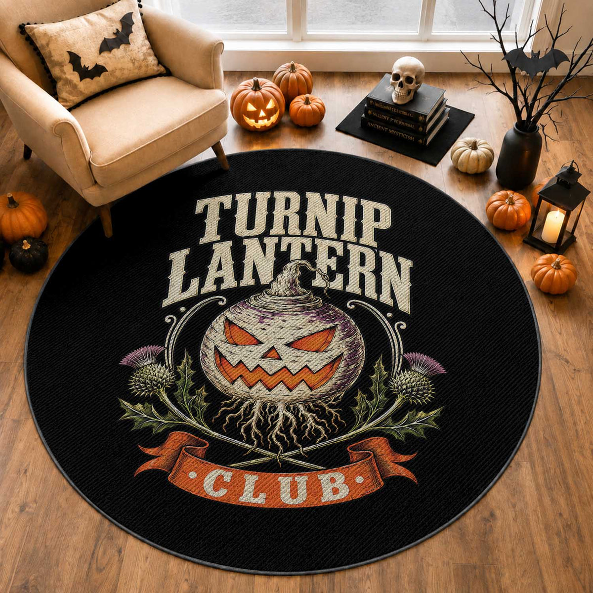 Turnip Lantern Club Round Rug Vintage Celtic Scottish Irish Halloween Spooky Graphic