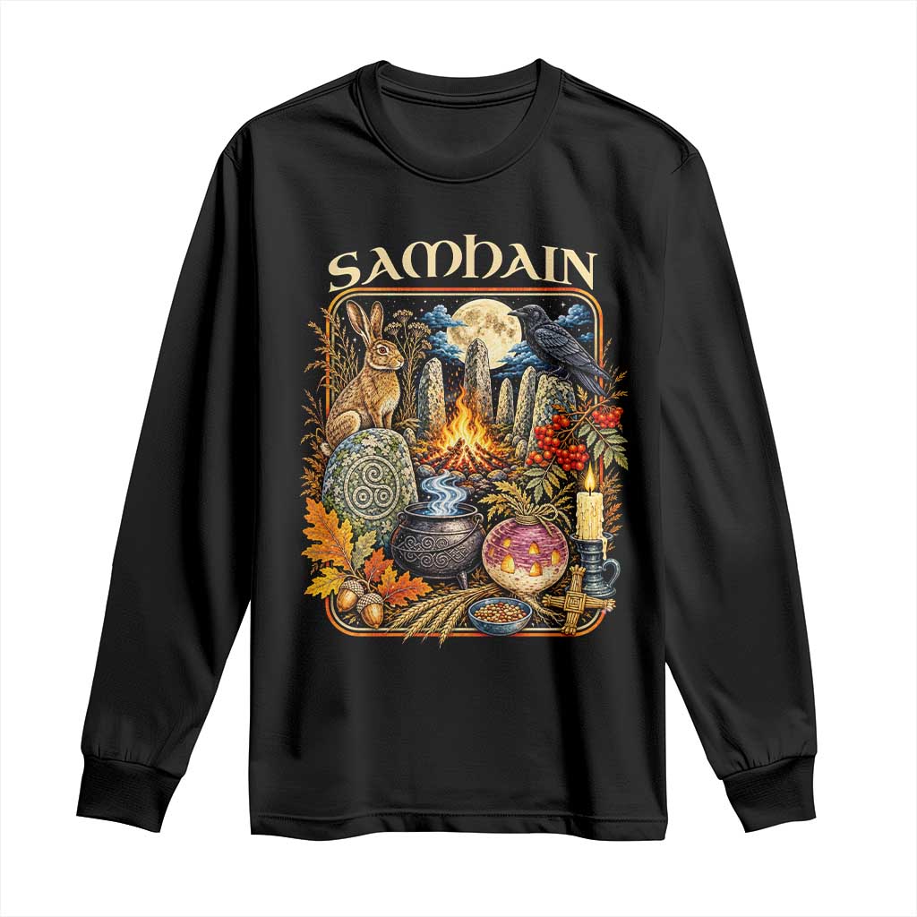 Samhain Ancient Pagan Ritual Sacred Fire Turnip Lantern Spooky Graphic Long Sleeve Shirt