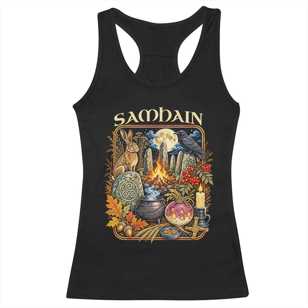 Samhain Ancient Pagan Ritual Sacred Fire Turnip Lantern Spooky Graphic Racerback Tank Top