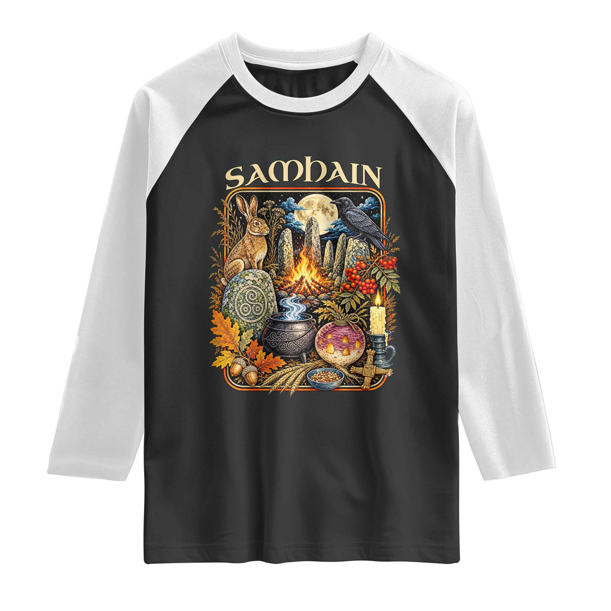 Samhain Ancient Pagan Ritual Sacred Fire Turnip Lantern Spooky Graphic Raglan Shirt