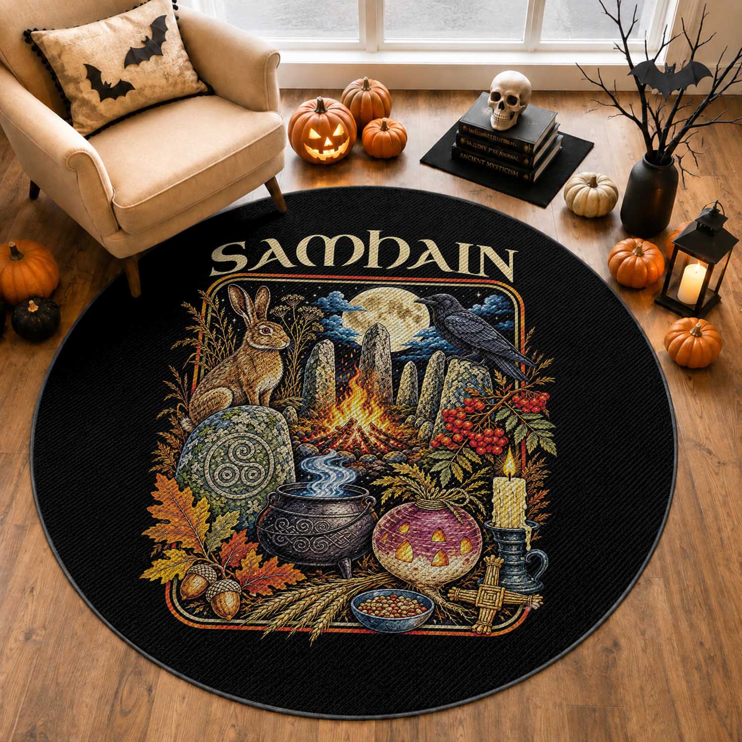 Samhain Ancient Pagan Ritual Sacred Fire Turnip Lantern Spooky Graphic Round Rug