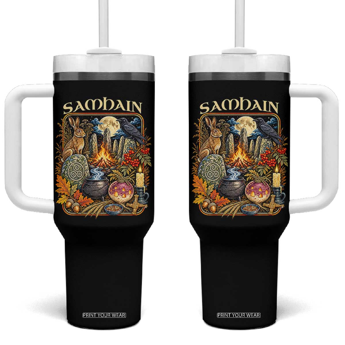 Samhain Ancient Pagan Ritual Sacred Fire Turnip Lantern Spooky Graphic Tumbler With Handle