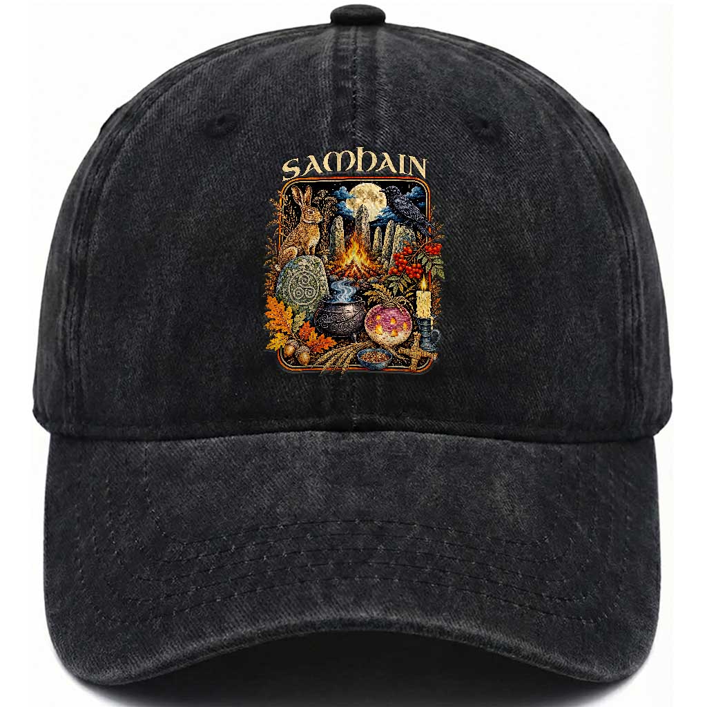 Samhain Ancient Pagan Ritual Sacred Fire Turnip Lantern Spooky Graphic Washed Cotton Baseball Cap