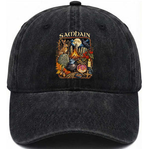 Samhain Ancient Pagan Ritual Sacred Fire Turnip Lantern Spooky Graphic Washed Cotton Baseball Cap