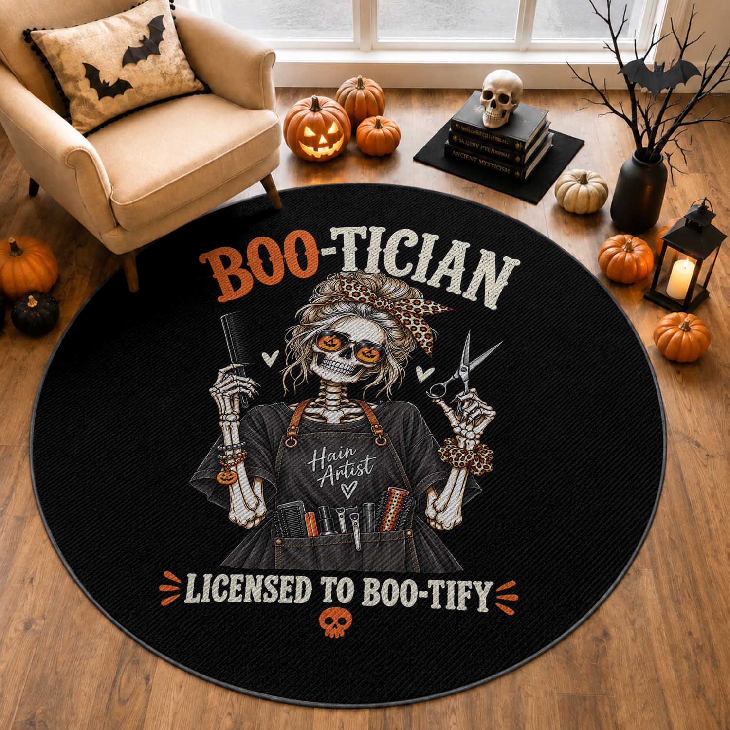Hair Artist Skeleton Messy Bun Halloween Round Rug Boo-Tician Licensed To Boo-Tify
