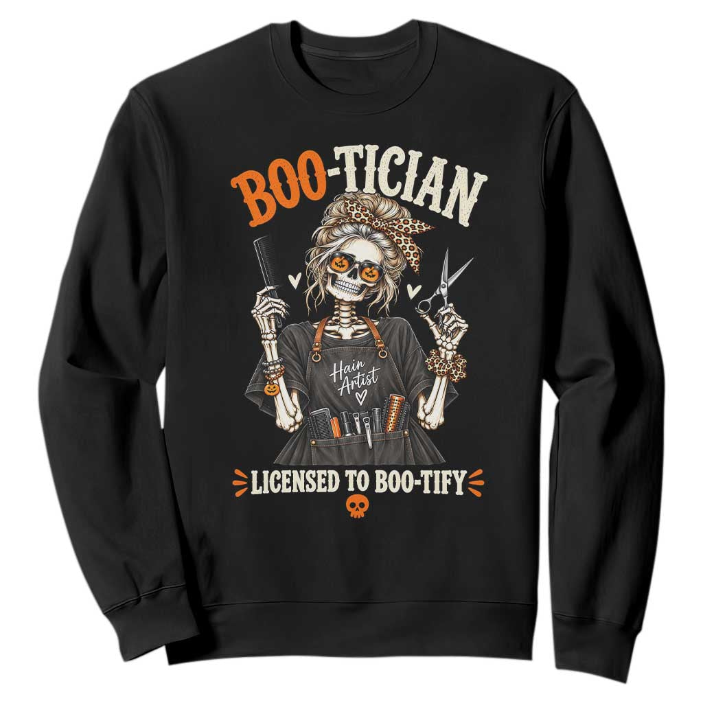 Hair Artist Skeleton Messy Bun Halloween Sweatshirt Boo-Tician Licensed To Boo-Tify