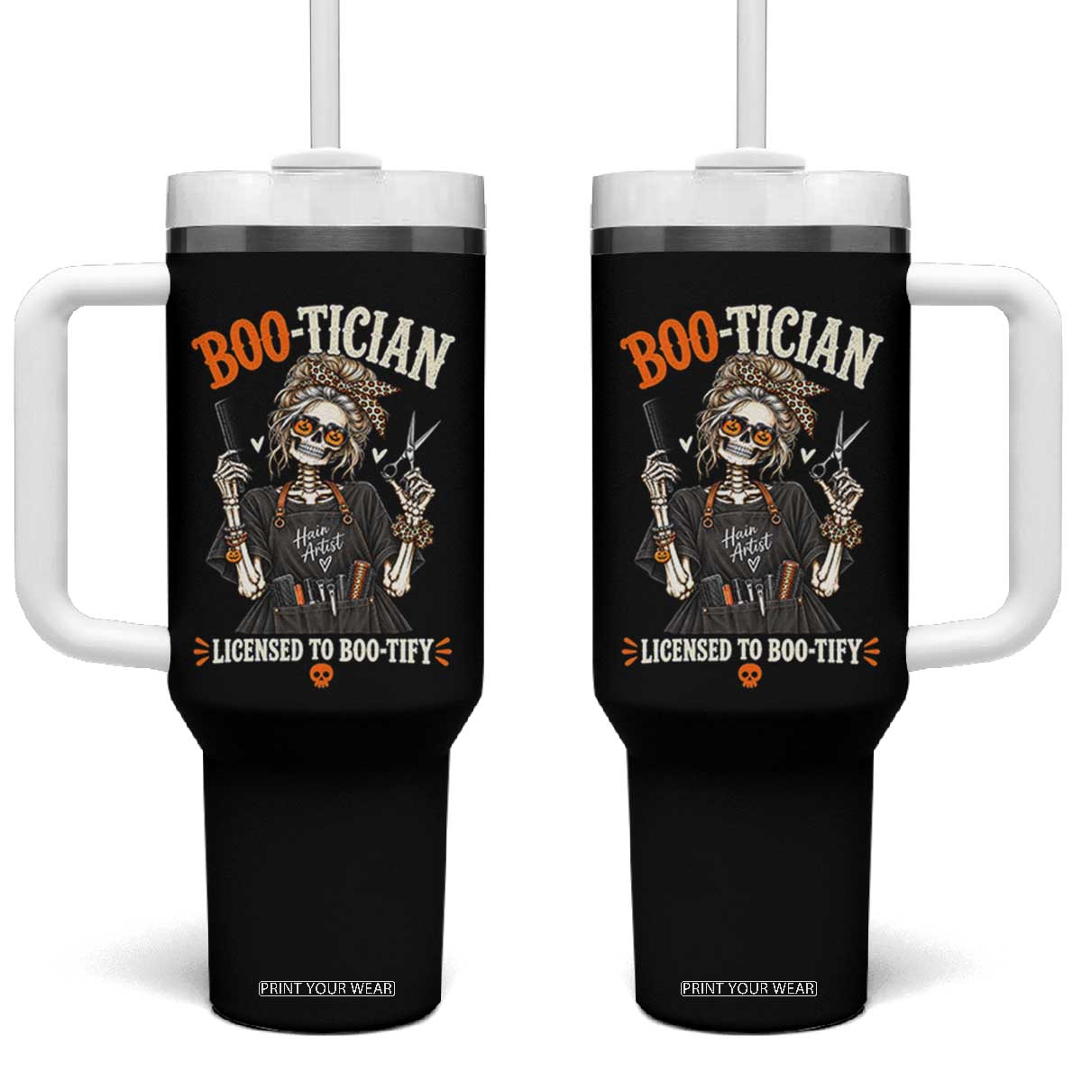 Hair Artist Skeleton Messy Bun Halloween Tumbler With Handle Boo-Tician Licensed To Boo-Tify