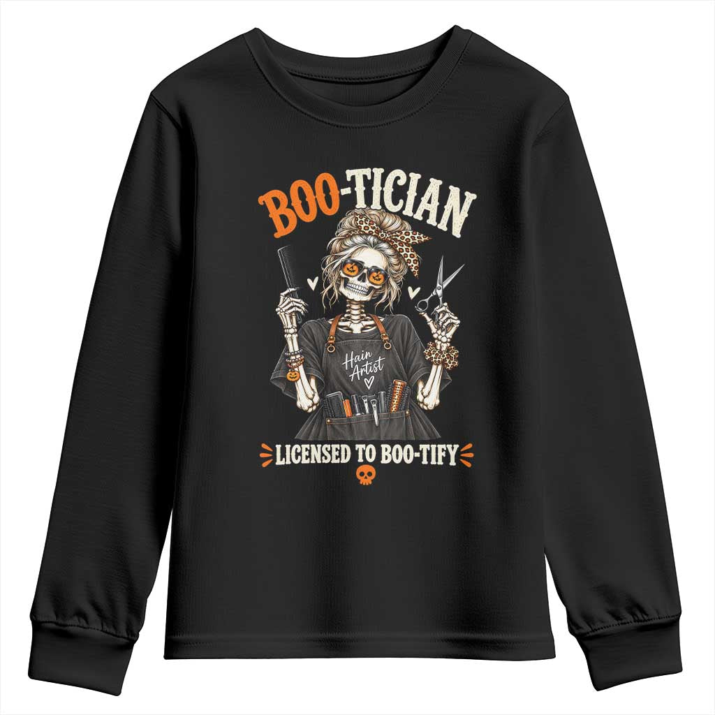 Hair Artist Skeleton Messy Bun Halloween Youth Sweatshirt Boo-Tician Licensed To Boo-Tify
