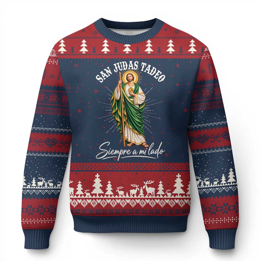 San Judas Tadeo Siempre A Mi Lado Sunburst Catholic Graphic Ugly Christmas Sweater