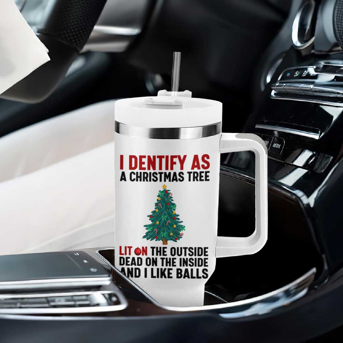 I Identify as a Christmas Tree Tumbler With Handle Funny Lit and Dead Inside Holiday Humor TS02 Print Your Wear