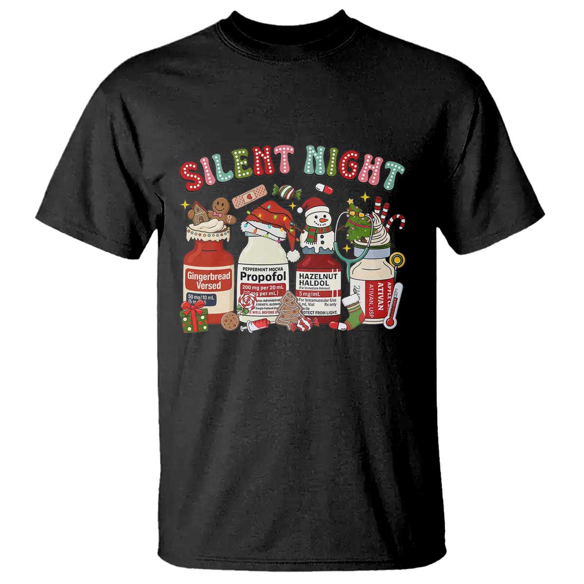 Funny Silent Night Nurse Christmas T Shirt Festive Meds and Holiday Medical Humor TS02 Black Print Your Wear