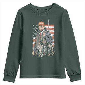 Trump Camo Duck Hunting Youth Sweatshirt Hello Hunting Season US Flag TS02 Dark Forest Green Print Your Wear