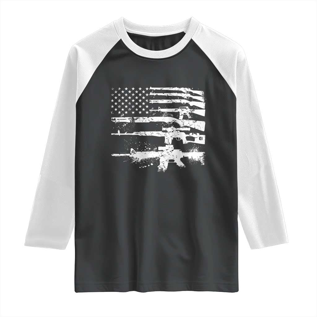 Machine Guns American Flag Raglan Shirt For Gun Owner Lover 2A Retro Vintage TS02 Black White Print Your Wear