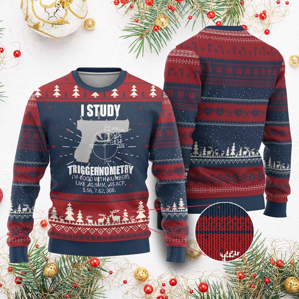 Funny Gun Owner Ugly Christmas Sweater I Study Triggernometry I'm Good With Numbers 2nd Amendment Rights TS02 Burgundy Print Your Wear