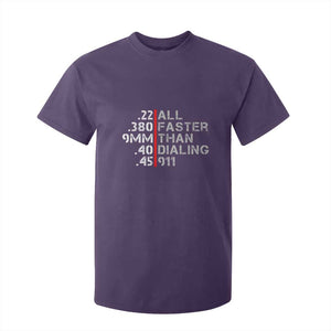 Funny Gun Owner T Shirt For Kid Faster Than Dialing 911 Bullet Diameter TS02 Purple Print Your Wear