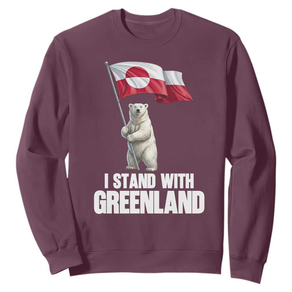 I Stand With Greenland Sweatshirt Cute Polar Bear Holding Flag Political Support TS02 Maroon Print Your Wear