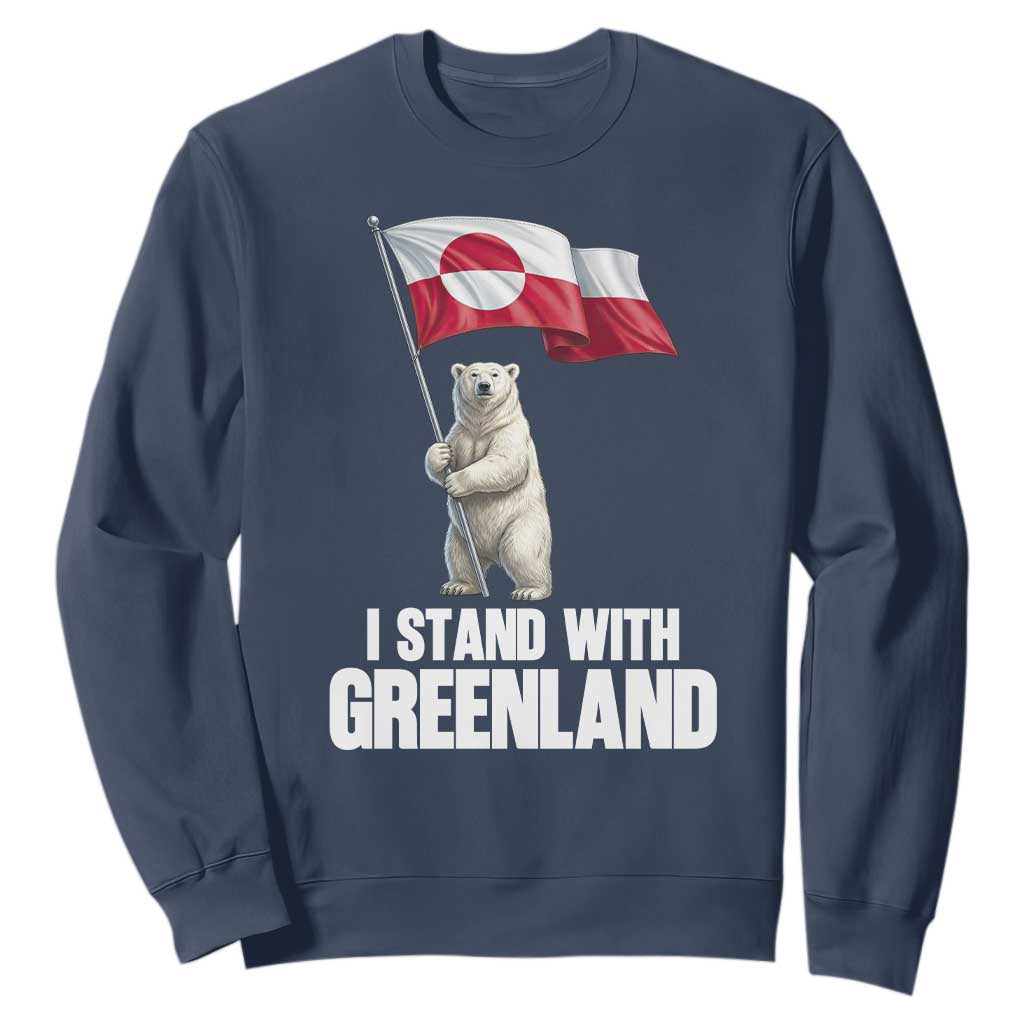 I Stand With Greenland Sweatshirt Cute Polar Bear Holding Flag Political Support TS02 Navy Print Your Wear