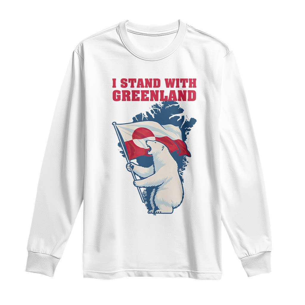 I Stand With Greenland Patriotic Long Sleeve Shirt Polar Bear Holding Flag Over Map TS02 White Print Your Wear
