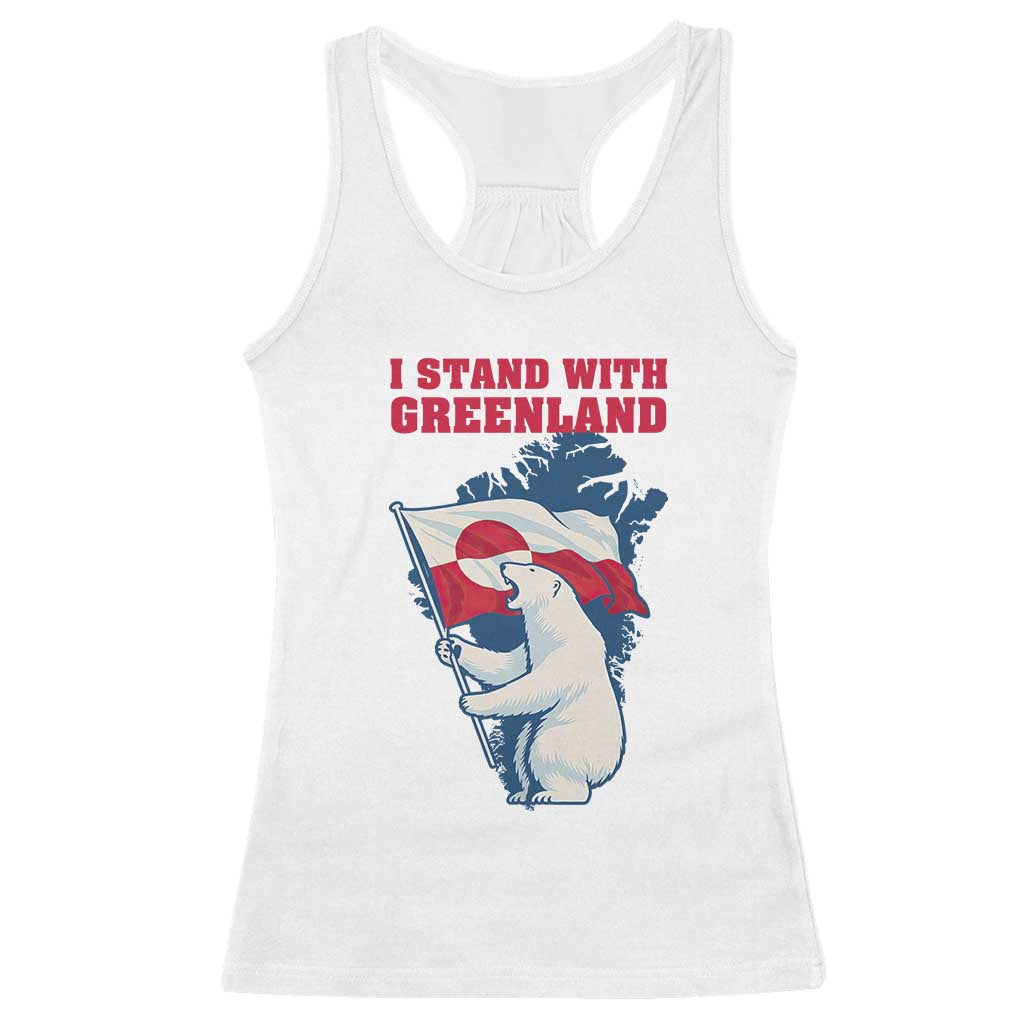 I Stand With Greenland Patriotic Racerback Tank Top Polar Bear Holding Flag Over Map TS02 White Print Your Wear