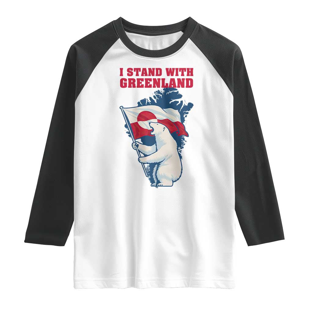 I Stand With Greenland Patriotic Raglan Shirt Polar Bear Holding Flag Over Map TS02 White Black Print Your Wear