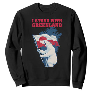 I Stand With Greenland Patriotic Sweatshirt Polar Bear Holding Flag Over Map TS02 Black Print Your Wear