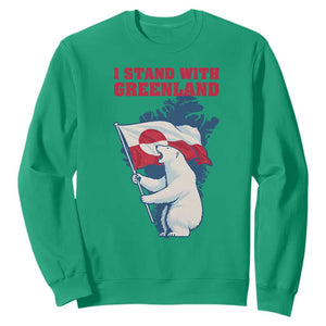 I Stand With Greenland Patriotic Sweatshirt Polar Bear Holding Flag Over Map TS02 Irish Green Print Your Wear