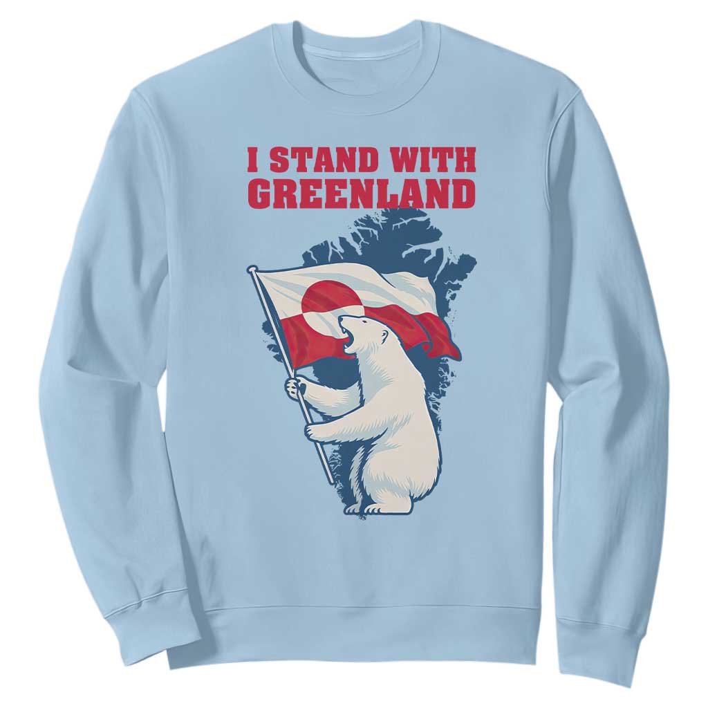I Stand With Greenland Patriotic Sweatshirt Polar Bear Holding Flag Over Map TS02 Light Blue Print Your Wear