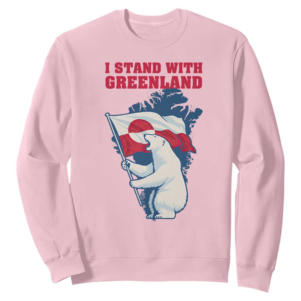 I Stand With Greenland Patriotic Sweatshirt Polar Bear Holding Flag Over Map TS02 Light Pink Print Your Wear
