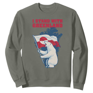 I Stand With Greenland Patriotic Sweatshirt Polar Bear Holding Flag Over Map TS02 Military Green Print Your Wear