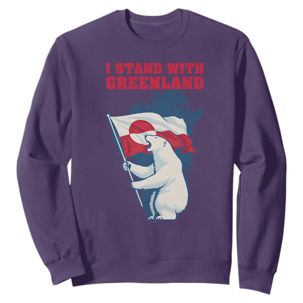 I Stand With Greenland Patriotic Sweatshirt Polar Bear Holding Flag Over Map TS02 Purple Print Your Wear