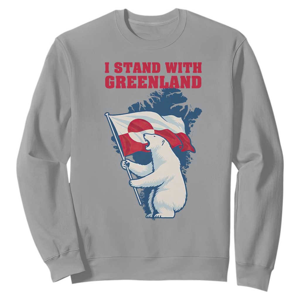 I Stand With Greenland Patriotic Sweatshirt Polar Bear Holding Flag Over Map TS02 Sport Gray Print Your Wear