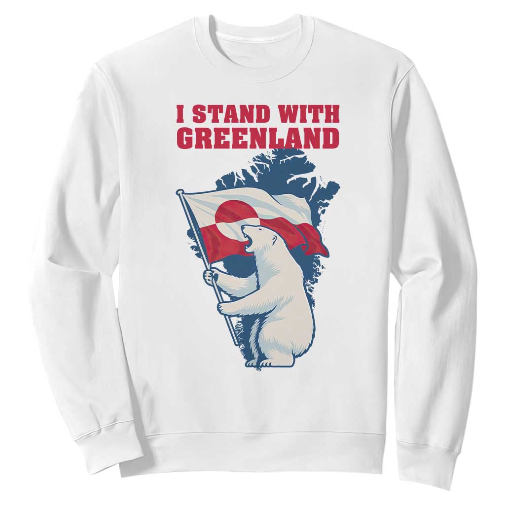 I Stand With Greenland Patriotic Sweatshirt Polar Bear Holding Flag Over Map TS02 White Print Your Wear