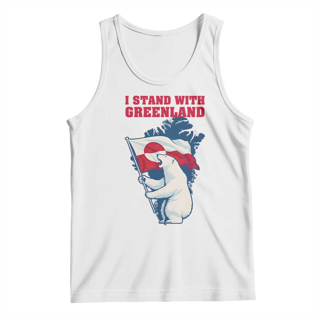 I Stand With Greenland Patriotic Tank Top Polar Bear Holding Flag Over Map TS02 White Print Your Wear