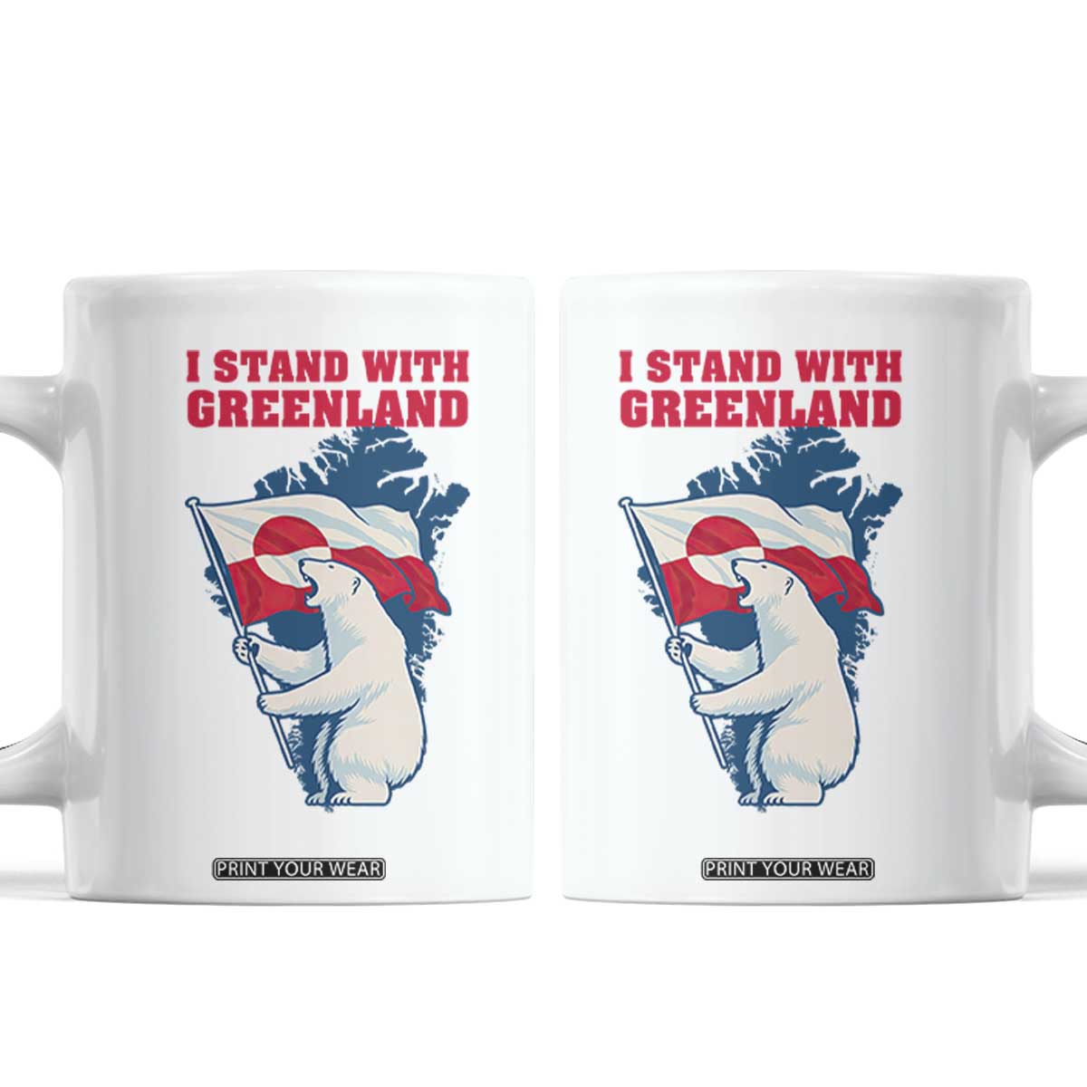 I Stand With Greenland Patriotic Coffee Mug Polar Bear Holding Flag Over Map TS02 White Print Your Wear