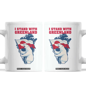 I Stand With Greenland Patriotic Coffee Mug Polar Bear Holding Flag Over Map TS02 White Print Your Wear