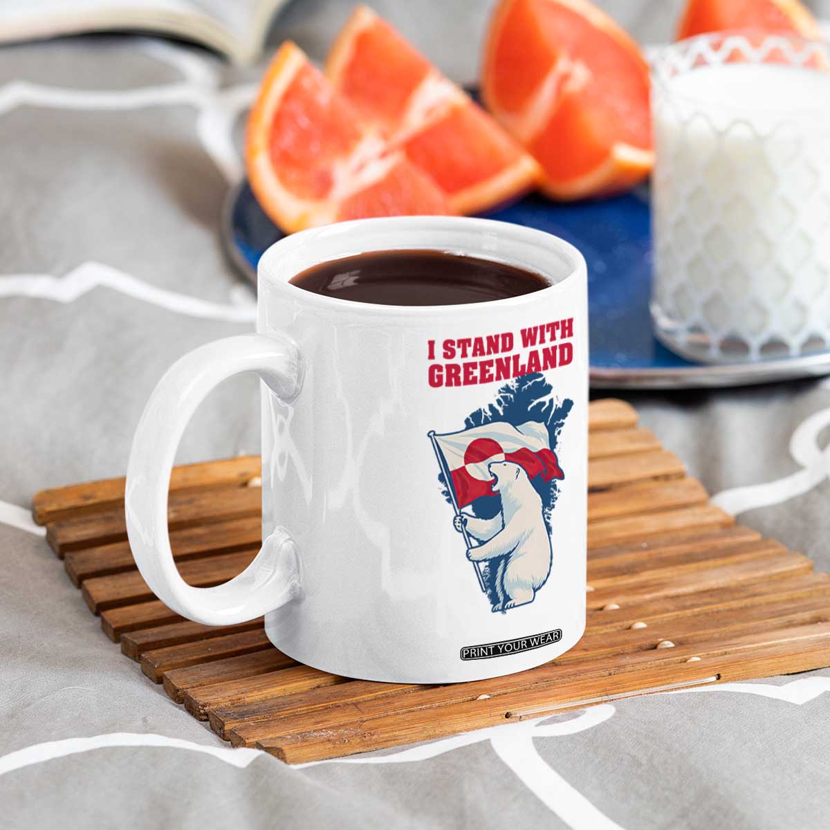 I Stand With Greenland Patriotic Coffee Mug Polar Bear Holding Flag Over Map TS02 Print Your Wear
