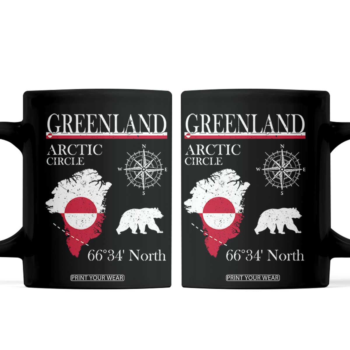 Greenland Arctic Circle Coffee Mug Map Compass and Polar Bear Adventure TS02 Black Print Your Wear