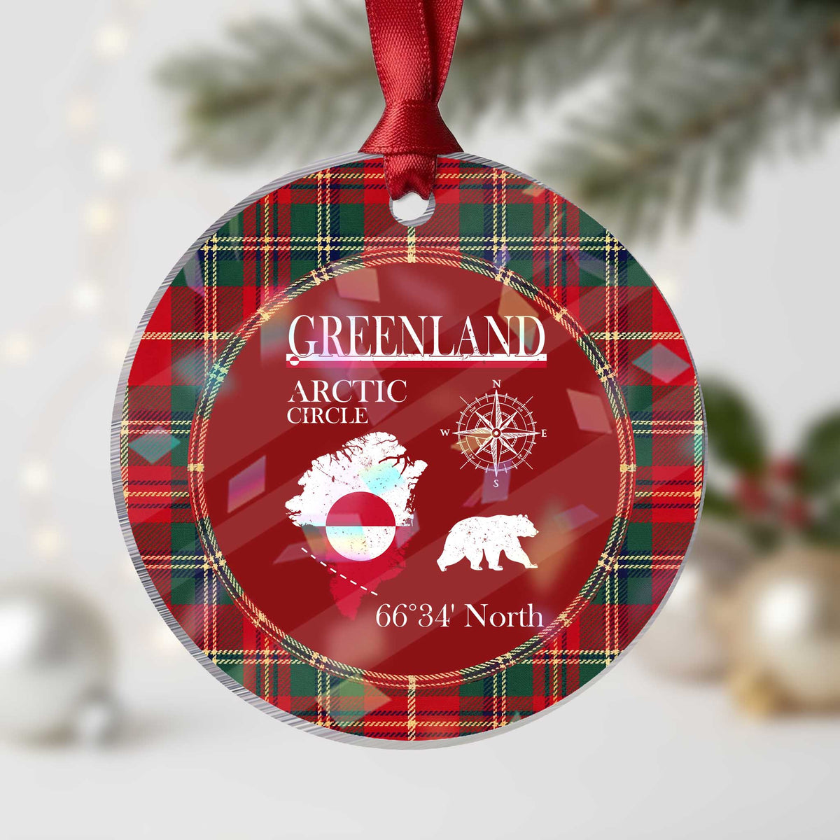 Greenland Arctic Circle Holographic Acrylic Ornament Map Compass and Polar Bear Adventure