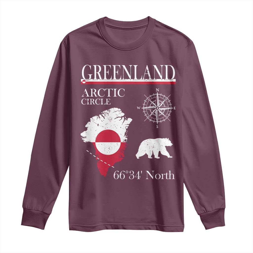Greenland Arctic Circle Long Sleeve Shirt Map Compass and Polar Bear Adventure TS02 Maroon Print Your Wear