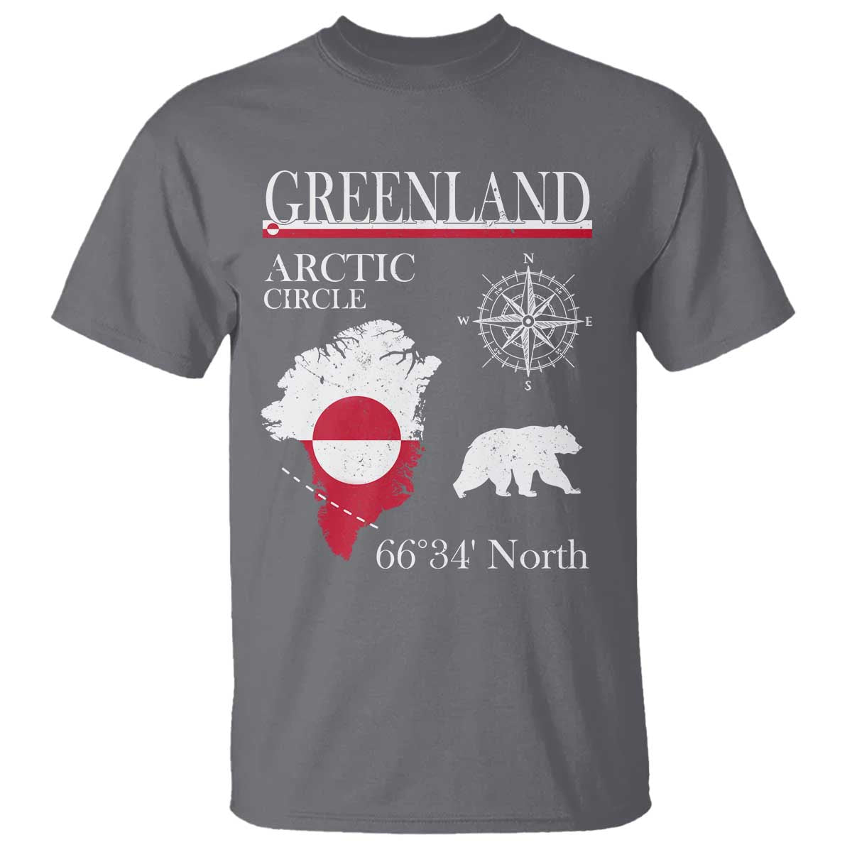 Greenland Arctic Circle T Shirt Map Compass and Polar Bear Adventure TS02 Charcoal Print Your Wear
