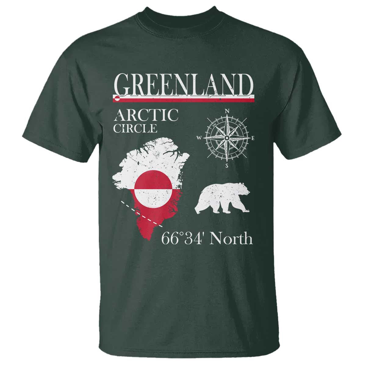 Greenland Arctic Circle T Shirt Map Compass and Polar Bear Adventure TS02 Dark Forest Green Print Your Wear
