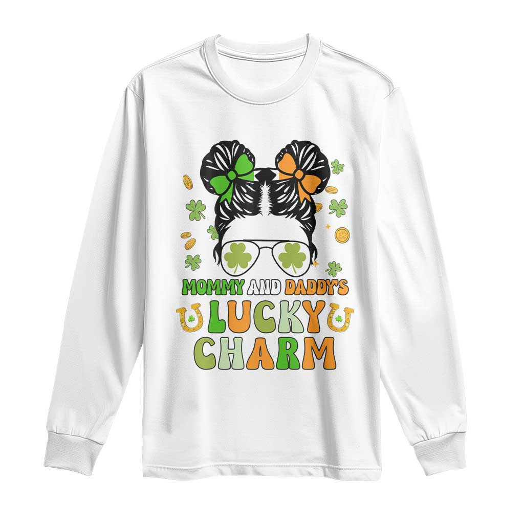 Funny St Patricks Day Kid Long Sleeve Shirt Mommy And Daddy's Lucky Charm Little Bun TS02 White Print Your Wear