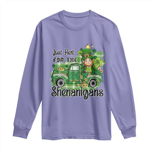 Funny St Patricks Day Long Sleeve Shirt Just Here For The Shenanigans Truck of Shamrock TS02 Violet Print Your Wear