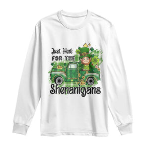 Funny St Patricks Day Long Sleeve Shirt Just Here For The Shenanigans Truck of Shamrock TS02 White Print Your Wear